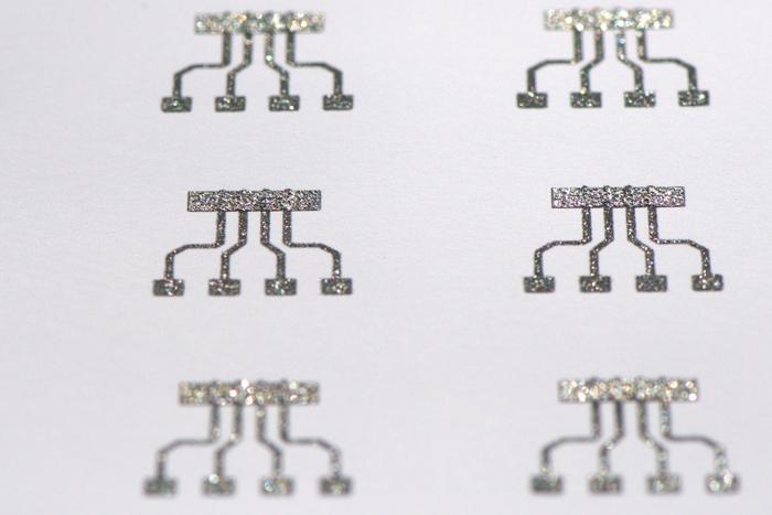 Scalable printing technology for eco-sustainable magnetoelectronics: array of sensors printed on DIN-A4 using industrial screen printing equipment.