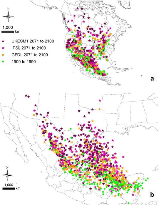 The centers of tree species distributions shifted northward spatially over time as temperatures increased