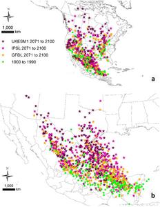 The centers of tree species distributions shifted northward spatially over time as temperatures increased