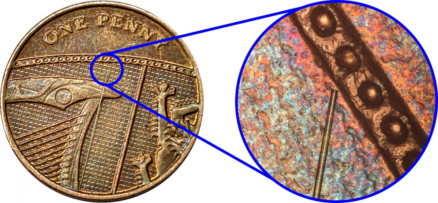 A microscope image shows the true scale of the device