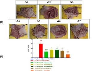 Fig. 1 Effect of HELN on Macroscopic appearance of stomach and ulcer scoring in Aspirin induced Gastric ulcer injury in rats.
