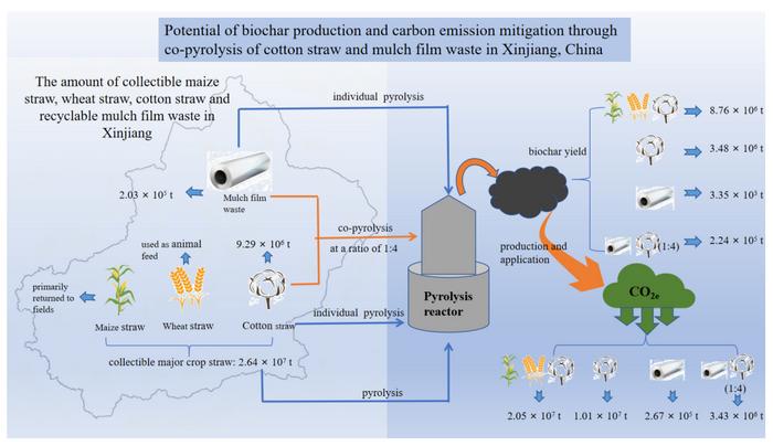 Potential of biochar production and carbon emission mitigation through co-pyrolysis of cotton straw and mulch film waste in Xinjiang, China