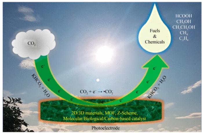 Schematic of photo-electrochemical conversion of CO2 into fuels and value-added products under solar light irradiation