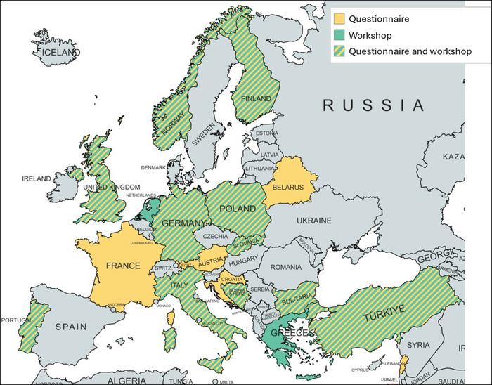 Countries are highlighted whose representatives of a national initiative responded to the questionnaire (yellow), attended the workshop (green) or both (yellow–green stripes).