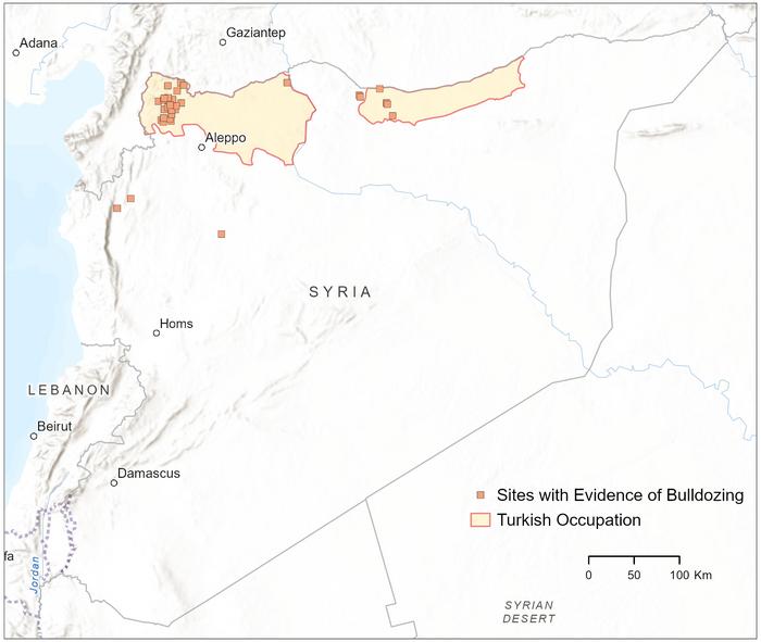 Map of Syrian sites that were systematically bulldozed due to mechanized looting.