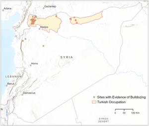 Map of Syrian sites that were systematically bulldozed due to mechanized looting.
