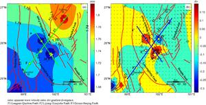 (a) Distribution map of the contour lines of the apparent velocity ratio field. Points A and B are local minima, while points C, D, E, and F are local maxima. Line a is the fitting line through the local minima, and line b is the fitting line through the