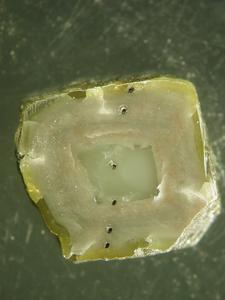 Slice of South African diamond with inclusion-rich zones and laser ablation pits from microanalysis