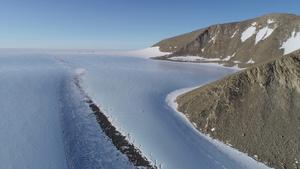 Photo 1: Glaciers transport sediments from Antarctica to the coast. Credit: Dr Kate Winter, drone footage