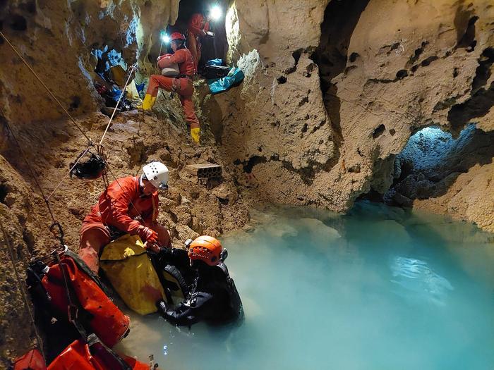 Collecting biofilm from underground cave