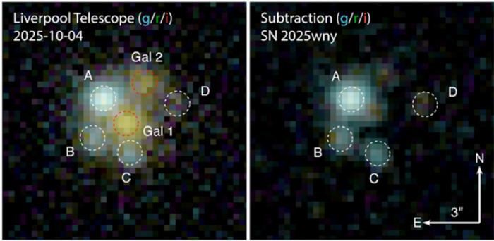 Liverpool Telescope images from 2025 October 4 (left panel), and the four lensed images of SN 2025wny (right panel) after subtracting out the lens and host galaxy light from archival images.