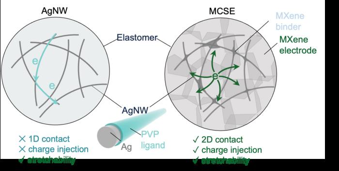 Figure 3. Schematic illustration of Ag nanowire stretchable electrodes and MXene-contact stretchable electrodes