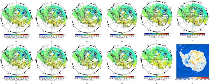 Error distribution map of the gravity field model in the Antarctic region. (a) to (f) show the error distribution maps of the satellite gravity field models, while (g) to (k) show the error distribution maps of the combined gravity field models. The figur