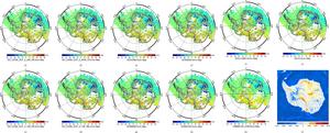 Error distribution map of the gravity field model in the Antarctic region. (a) to (f) show the error distribution maps of the satellite gravity field models, while (g) to (k) show the error distribution maps of the combined gravity field models. The figur