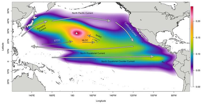 Density cloud of particle locations throughout the modeled backtracking period from Manawai (Pearl and Hermes) Atoll, Hawai‘i.