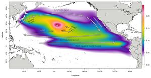 Density cloud of particle locations throughout the modeled backtracking period from Manawai (Pearl and Hermes) Atoll, Hawai‘i.