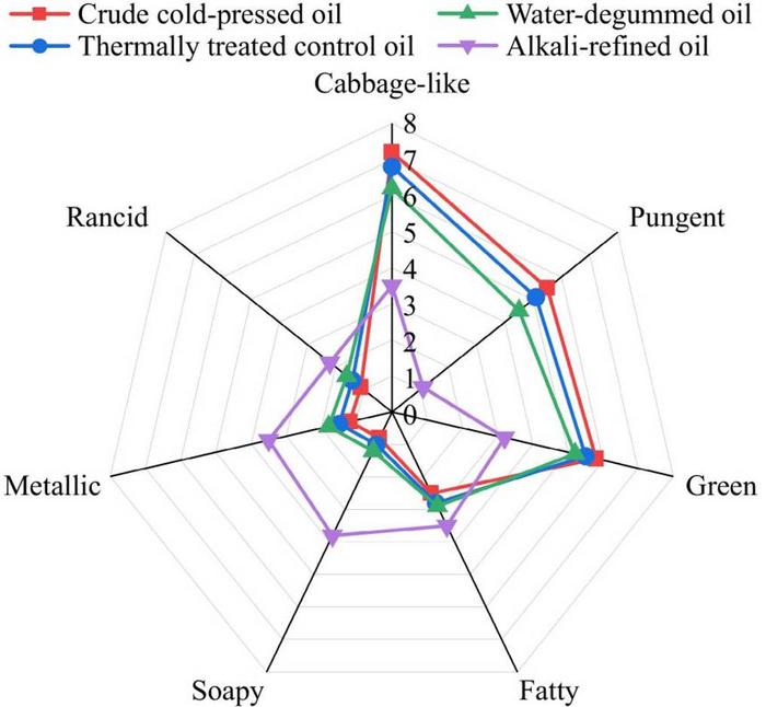 Sensory attribute profiles of rapeseed oils at different processing stages.