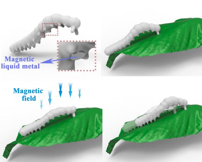 Magnetic liquid metal drives a 3D-printed caterpillar uphill.