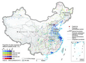 Spatial distribution of urban expansion across different suitability levels in China from 1990-2020.