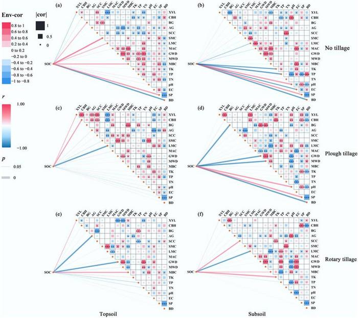 Correlation network analysis of SOC in relation to tillage methods and microbial organic fertilizer application rates in the topsoil and subsoil.