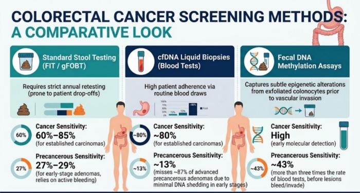 A comparison of CRC screening methods, highlighting fecal DNA methylation’s superior sensitivity in intercepting early, non-bleeding precancers