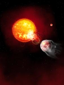 Stellar flares blast the wispy atmosphere away from exoplanet HIP 67522 b (artist’s impression)