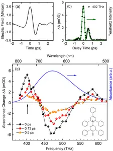 Time dependence of the THz electric field with a maximum amplitude of 3.6 MV/cm at the location of the dye molecules.