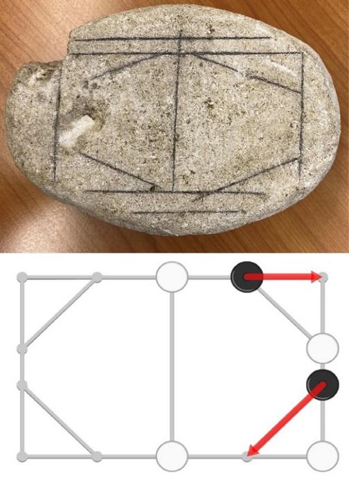 Caption: Above: the possible gameboard with pencil marks highlighting the incised lines. Below: diagram of the lines, indicating how pieces may have been moved along them to play the game (credit: Walter Crist)