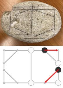 Caption: Above: the possible gameboard with pencil marks highlighting the incised lines. Below: diagram of the lines, indicating how pieces may have been moved along them to play the game (credit: Walter Crist)