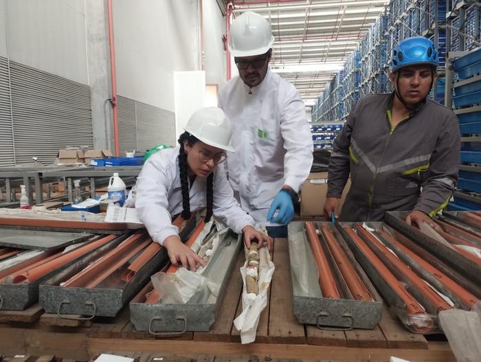 Lina Pérez-Angel (left) and her colleagues are looking at the Funza-II core extracted from Columbia