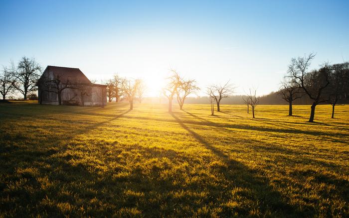 Small Building on Farm Land During Sunrise