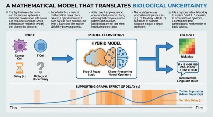 Hybrid Mathematical Model for the Representation of Biological Uncertainty in Tumor–Immune Dynamics with Time Delay