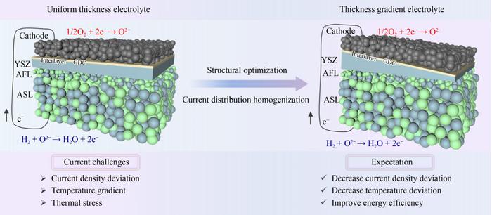 Schematic illustration of the novel SOFC design with a thickness-gradient electrolyte