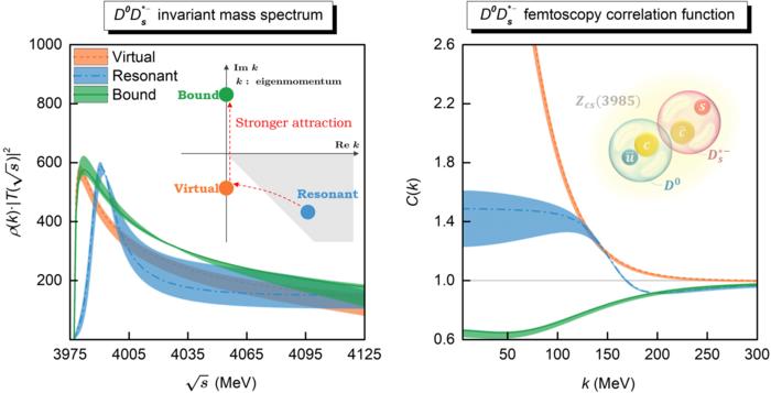 Comparison between D^0 D_s^(*-) invariant mass spectrum and D^0 D_s^(*-) femtoscopic correlation function in the three scenarios of resonant/virtual/bound states.