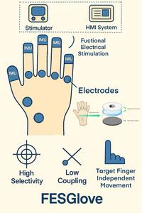 The FESGlove system integrates a multi-channel stimulator, a human-machine interface, and a wearable glove with embedded silver fiber and hydrogel electrodes. Functional electrical stimulation is delivered to specific hand muscles and nerves to achieve hi