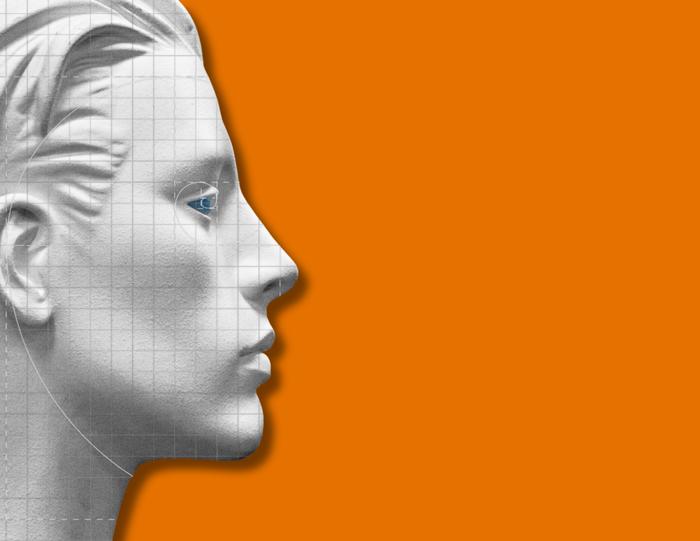 A grayscale, side profile of a stone human-like face with the golden ratio overlayed, set against a vibrant orange background.