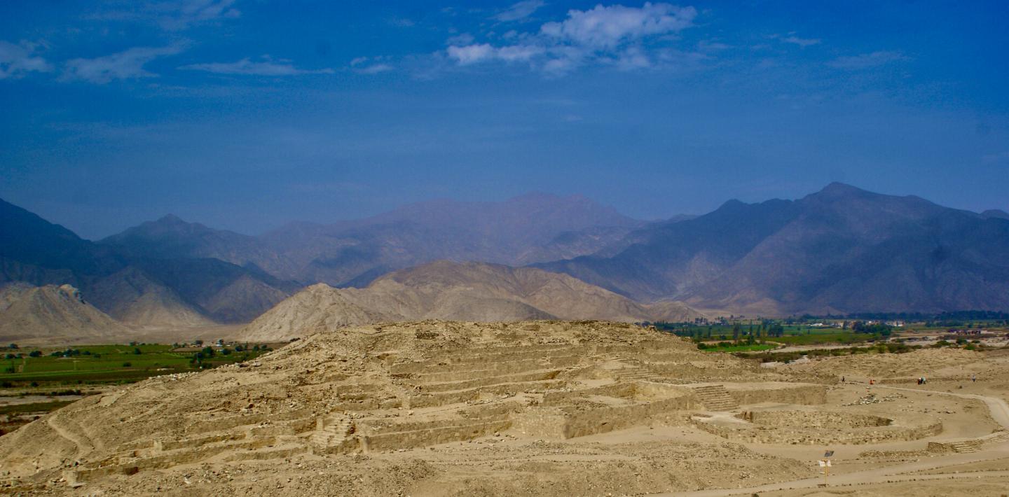 One of the main pyramidal buildings of the central square of Caral