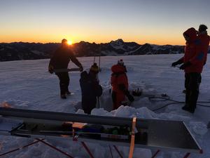 Researchers drill an ice core at Weißseespitze, Ötztal Alps, in 2018