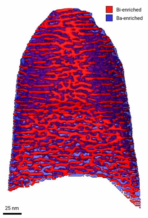 nanoscale interconnected network of bismuth- and barium-enriched regions that constitutes the bulk ferroelectric heterostructures within the BiFeO3-BaTiO3 ceramic.