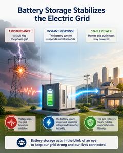 Battery storage stabilizes the electric grid during a disturbance.