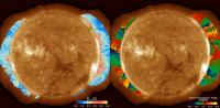 A map of the coronal magnetic field strength and direction superimposed on a coronal image