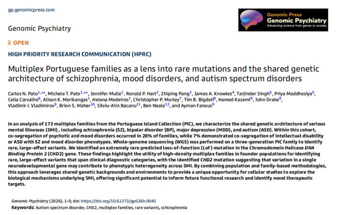 Multiplex Portuguese families as a lens into rare mutations and the shared genetic architecture of schizophrenia, mood disorders, and autism spectrum disorders.
