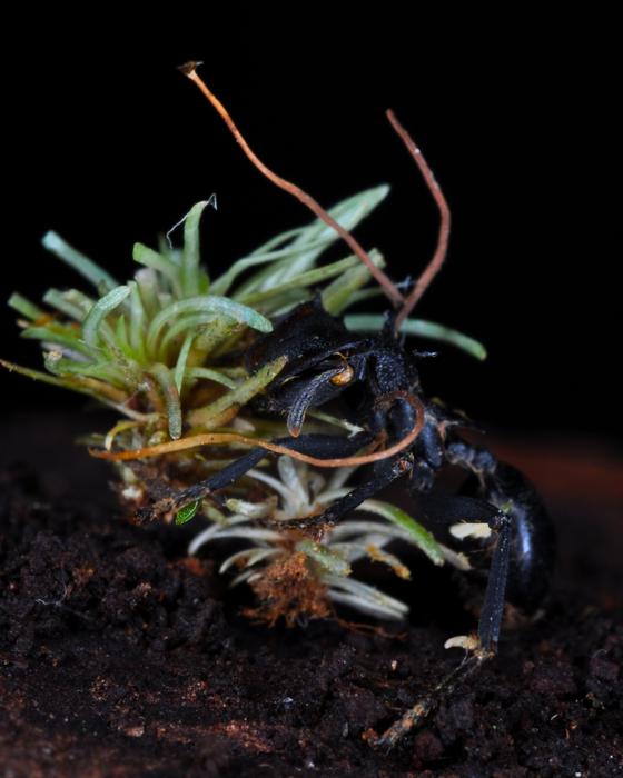 Ophiocordyceps kniphofioides in a turtle ant (Cephalotes sp.), found attached to an Octoblepharum moss